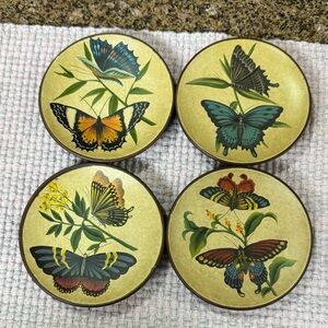 Set Of Four 4”d Home Interiors Decorative Ceramic Butterfly Coasters Vintage....